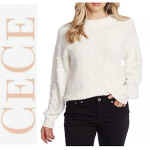 NWT CeCe Ivory Puff Sleeve Ribbed Bobble Stitch Sleeves Cotton Crewneck Sweater